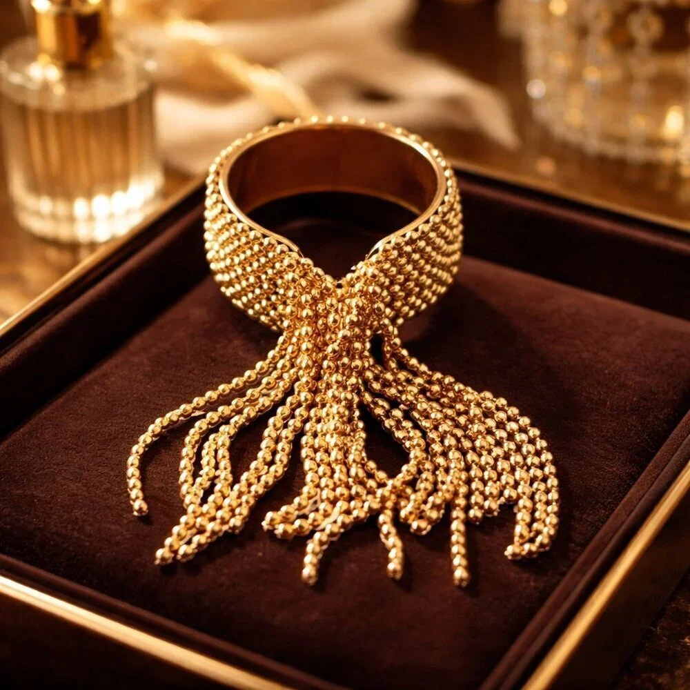 NEW Tassel Fringe Statement Ring 18K Gold Plated Open Adjustable Maximalist